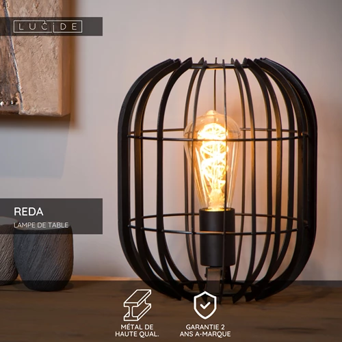 Lucide REDA - Lampe de table - Ø 22 cm - 1xE27 - Noir - USP